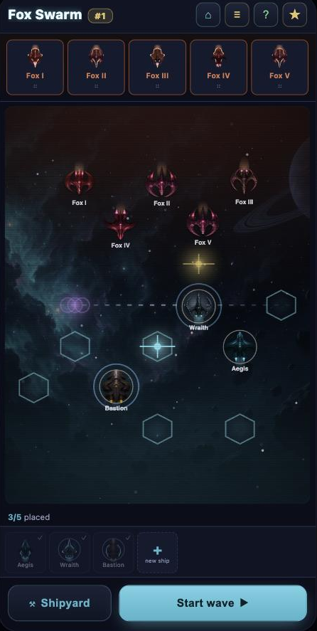 Draviss gameplay — a fleet placed against an incoming wave